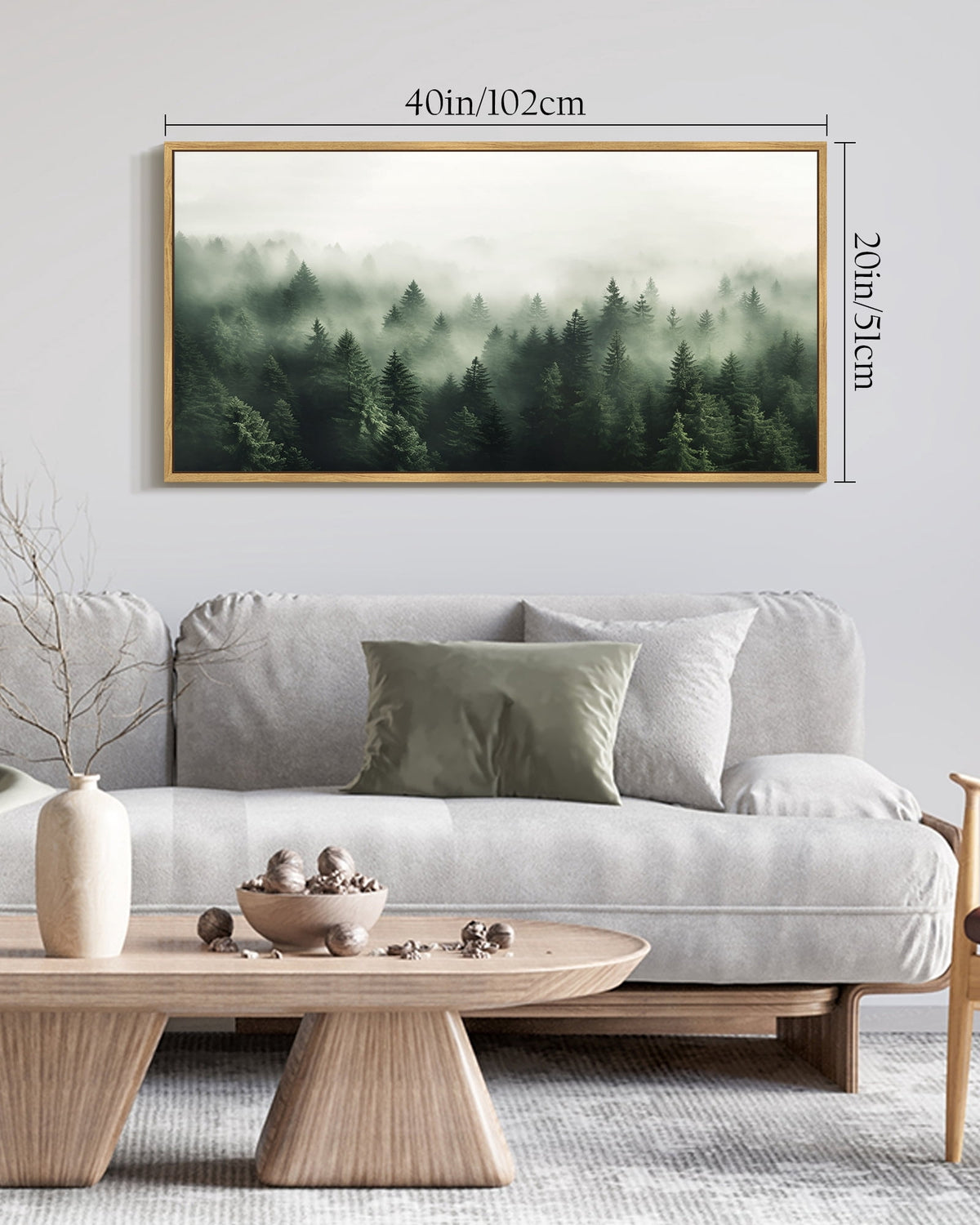 SHENIFY Green Fog Pine Tree Forest Canvas Wall Art Large 20x40in Natural Framed Modern Artwork Prints Decor Hanging Decoration