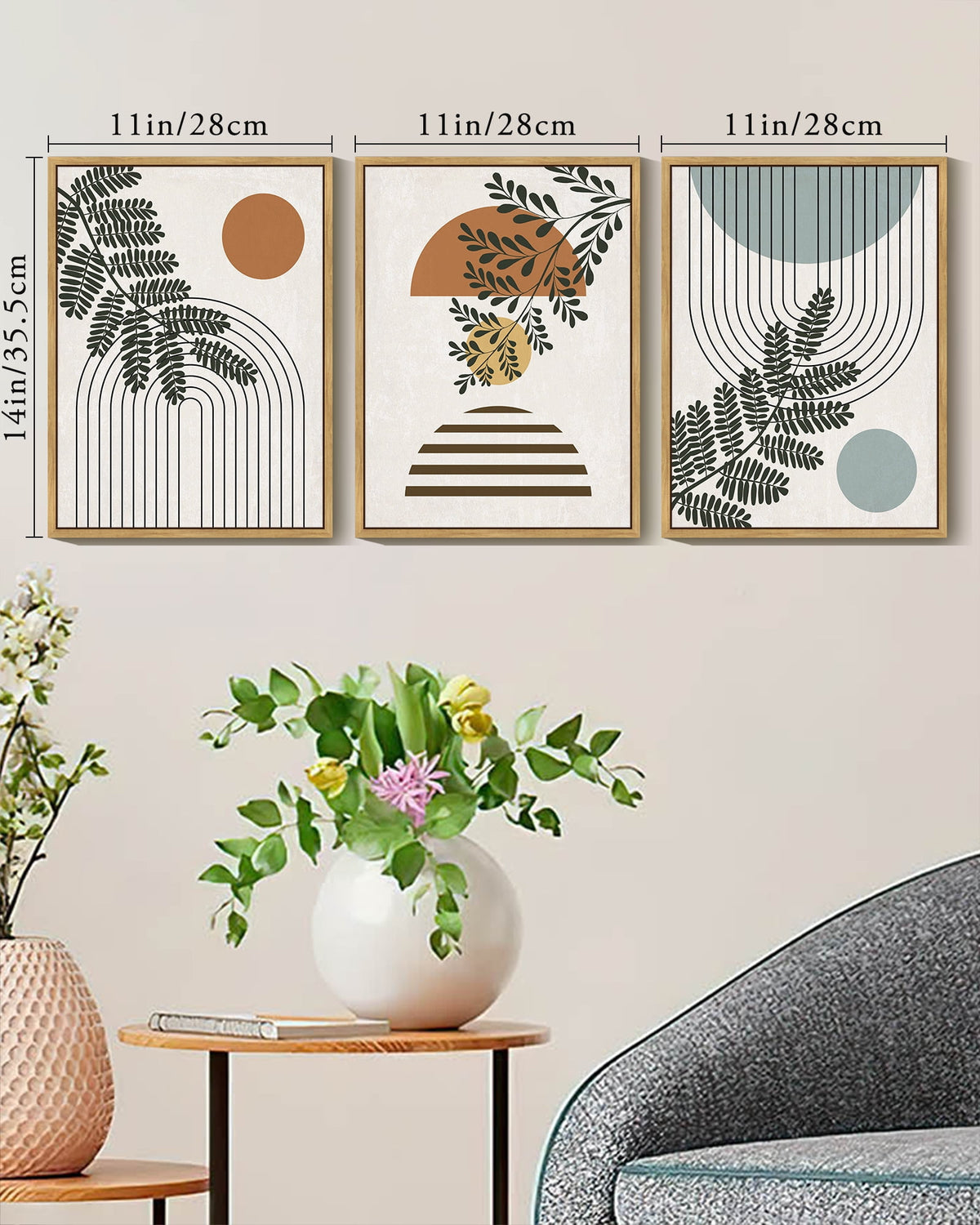 SHENIFY Botanical Boho Wall Art Modern Plant Leaf Bohemian Wall Decor Abstract Geometry Lines Prints Ready to Hang 11x14in3pcs Natural Framed