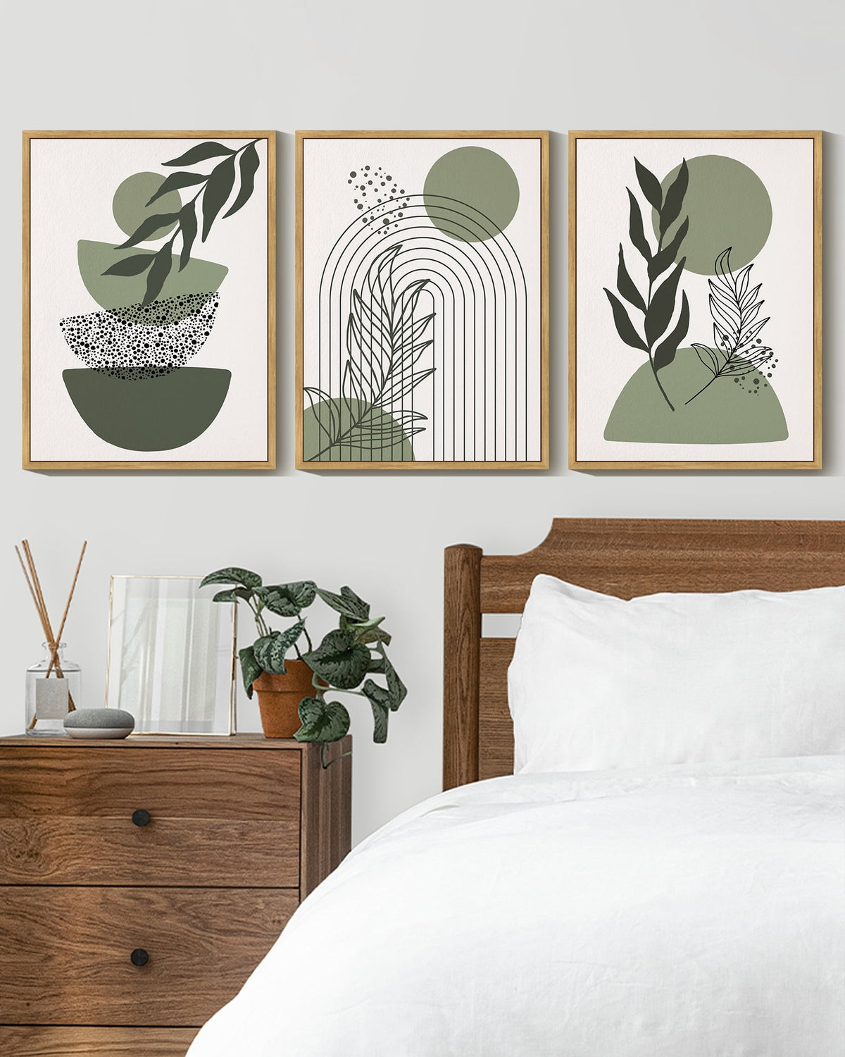 SHENIFY Green Boho Wall Art Prints Framed Wood Sage Wall Decor Mid Century Modern Abstract Geometric Artwork Natural Canvas Prints for Living Room Bedroom - 12x16in3pcs Neutral Framed