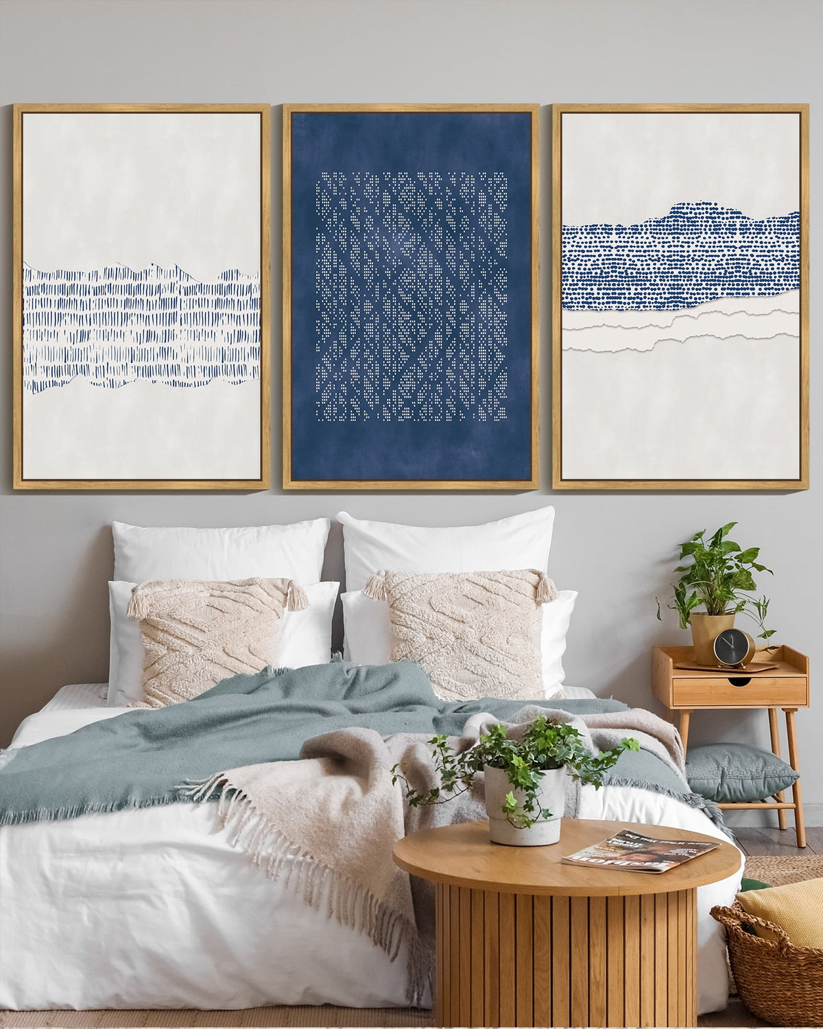 SHENIFY large 24x36in3pcs Natural Framed Blue Abstract Boho Wall Art Minimalist Mid-Century Modern Wall Decor Geometric Artwork Kitchen Dining Room