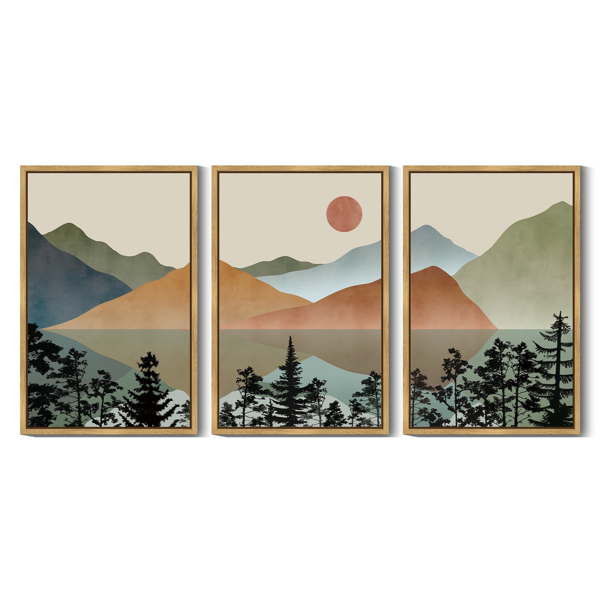 SHENIFY Set Lake Sunrise Pine Tree Forest Landscape Mountain Wall Art 16x24in3pcs Natural Framed Nature Scenry Wilderness Farmhouse Rustic Modern Art Decorative for Living Room Bedroom