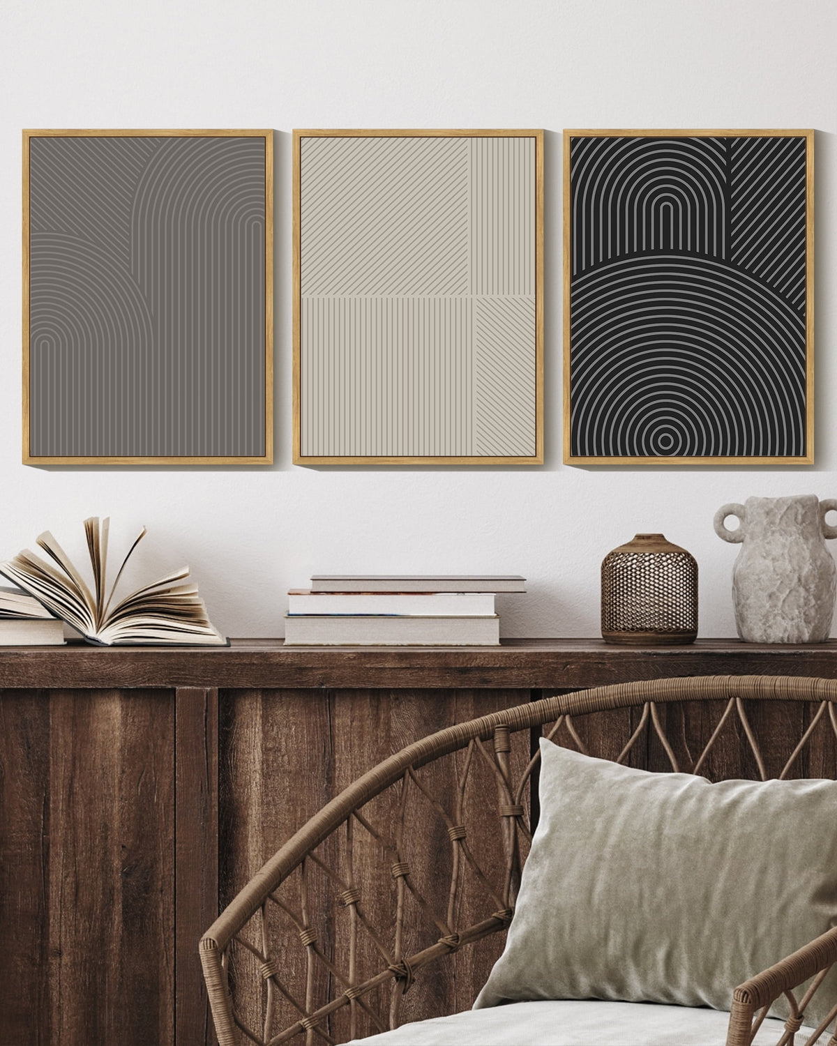 SHENIFY Mid-Century Modern Wall Art Minimalist Abstract Boho Neutral Line Wall Decor Geometric Artwork Kitchen Dining Room 11x14in3pcs Natural Framed