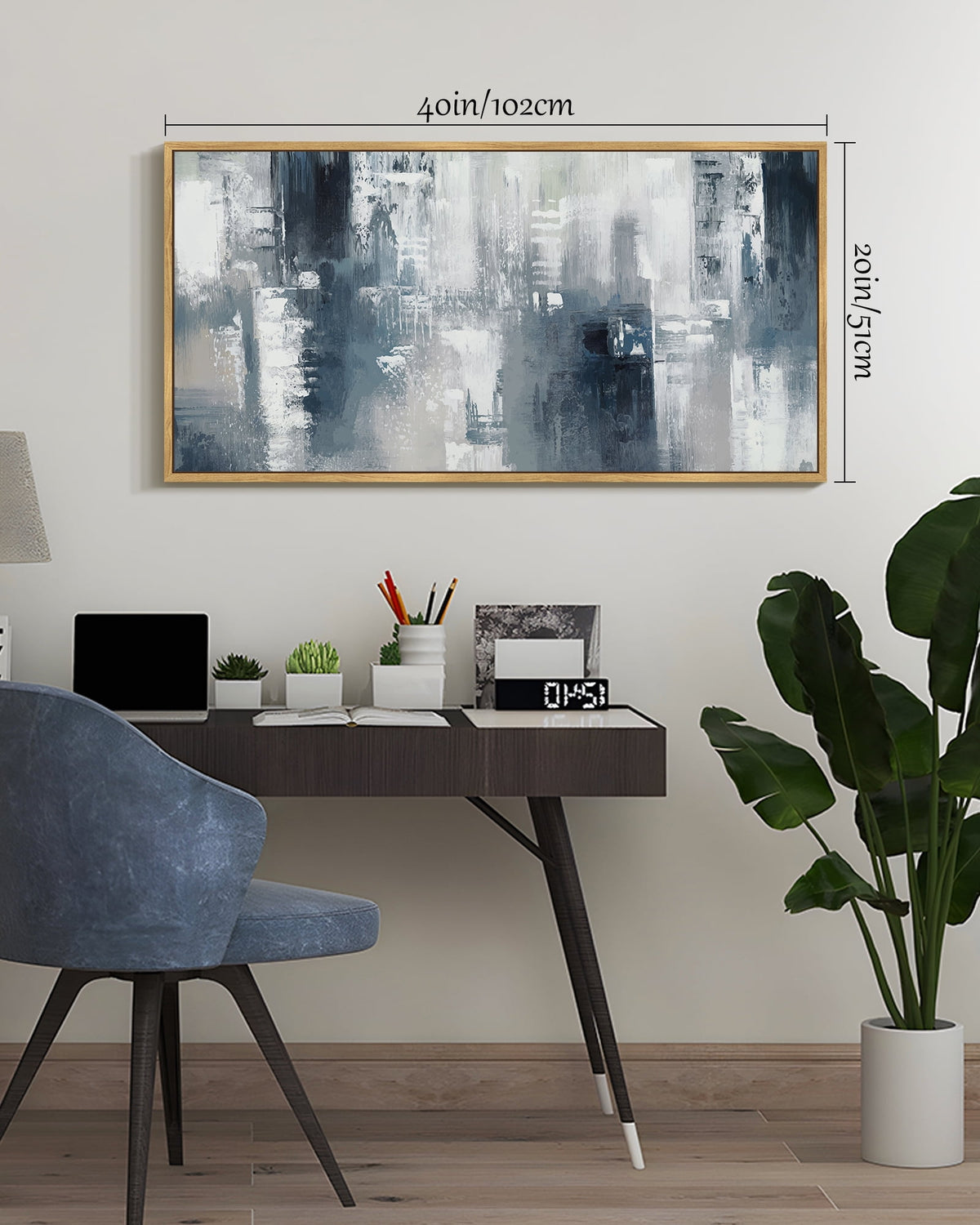 SHENIFY Blue and Grey Abstract Wall Art 20x40in Natural Framed Modern Minimalist Painting Decor Graffiti Artwork for Home Wall Decor