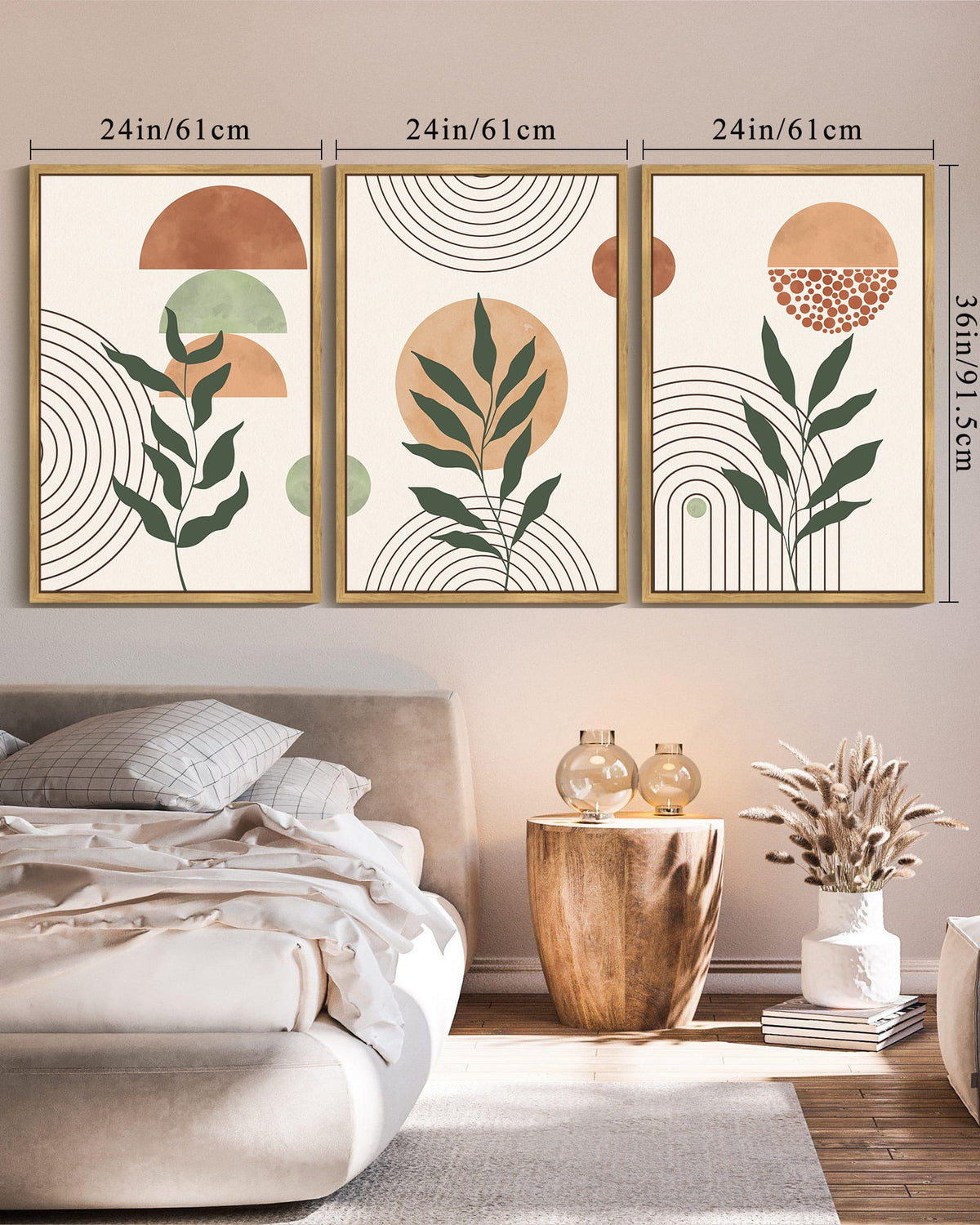 SHENIFY large 24x36in3pcs Natural Framed Boho Wall Art Sage Plant Botanical Bohemain Wall Printing Abstract Canvas Prints with Leaf & Sun Lines