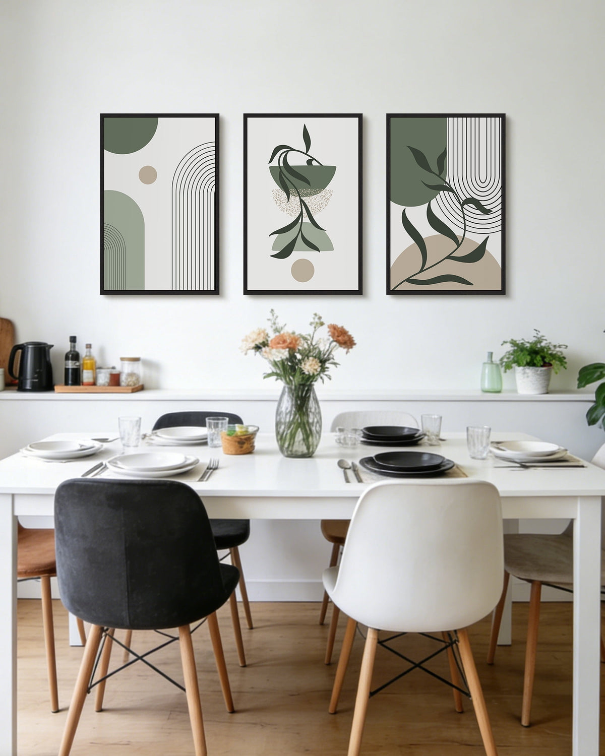 SHENIFY Large 24x36in3pcs Black Framed Botanical Boho Wall Art Modern Bohemian Plants Wall Decor Green Geometry Lines Prints Artwork for Bedroom Dining Room