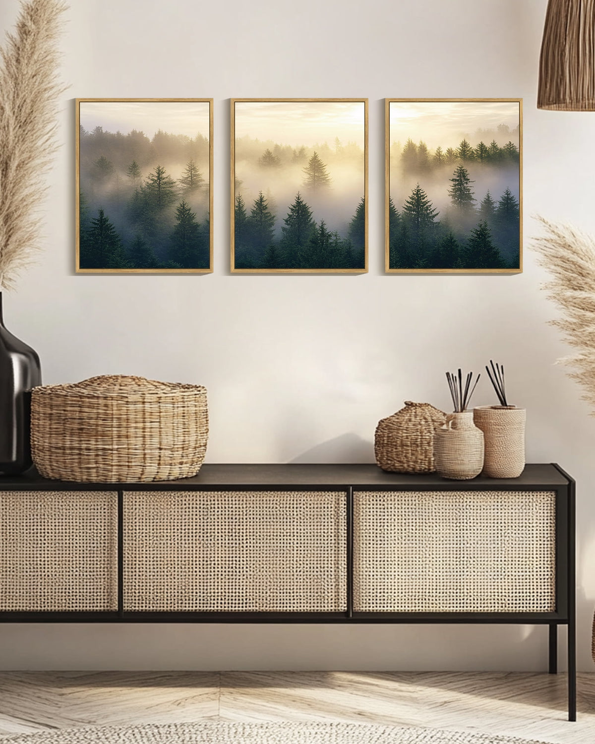 SHENIFY Misty Nordic Forests Wall Art Nature Fog Pine Tree Morden Home Decor Artwork Prints Rustic Living Room Office 11x14in3pcs Natural Framed