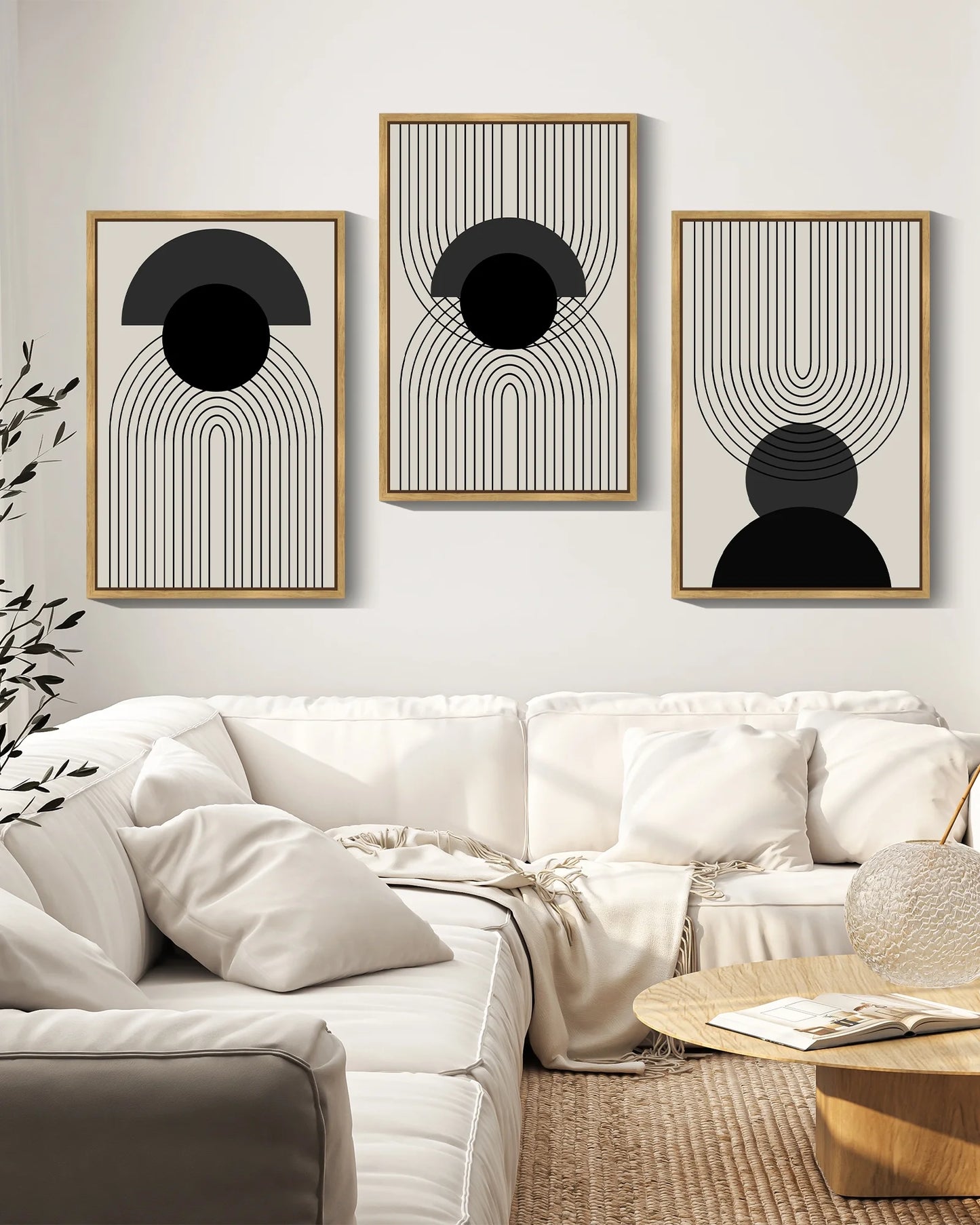 SHENIFY Boho Wall Art Framed Abstract Decor Bohemian Canvas Prints Ready To Hang - 24x36in3pcs Natural Framed