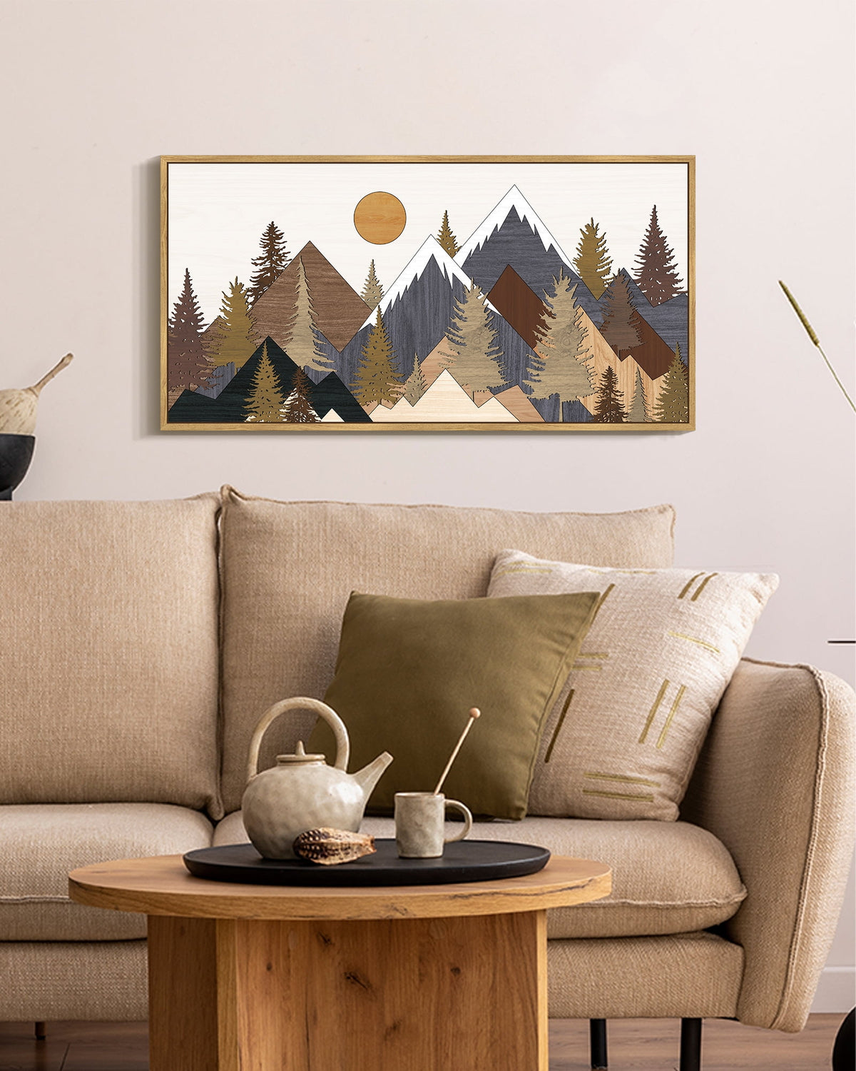 SHENIFY Landscape Mountain Wall Art Set White Winter Sunrise Pine Tree Forest Nature Scenry Wilderness Farmhouse Rustic Modern Art Decorative for Living Room Bedroom 8x16in Natural Framed