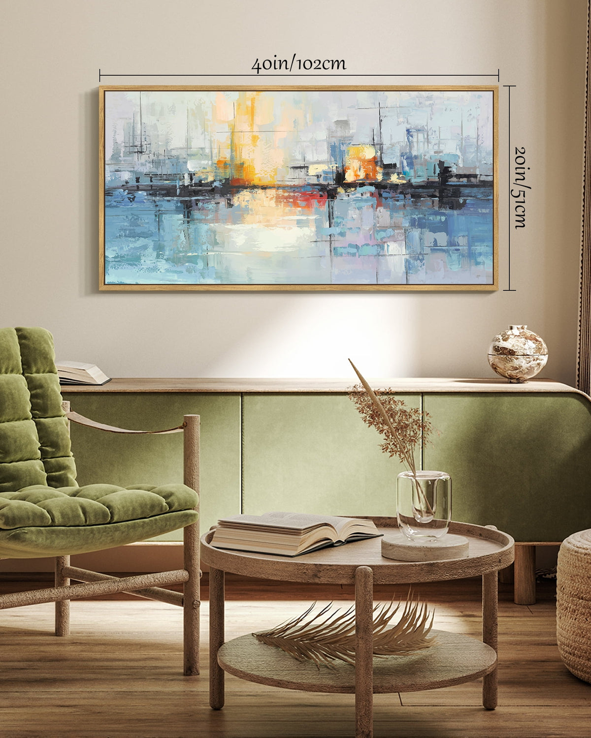 SHENIFY Abstract Wall Art 20x40in Natural Framed Blue Gray Yellow Modern Minimalist Painting Decor Graffiti Artwork