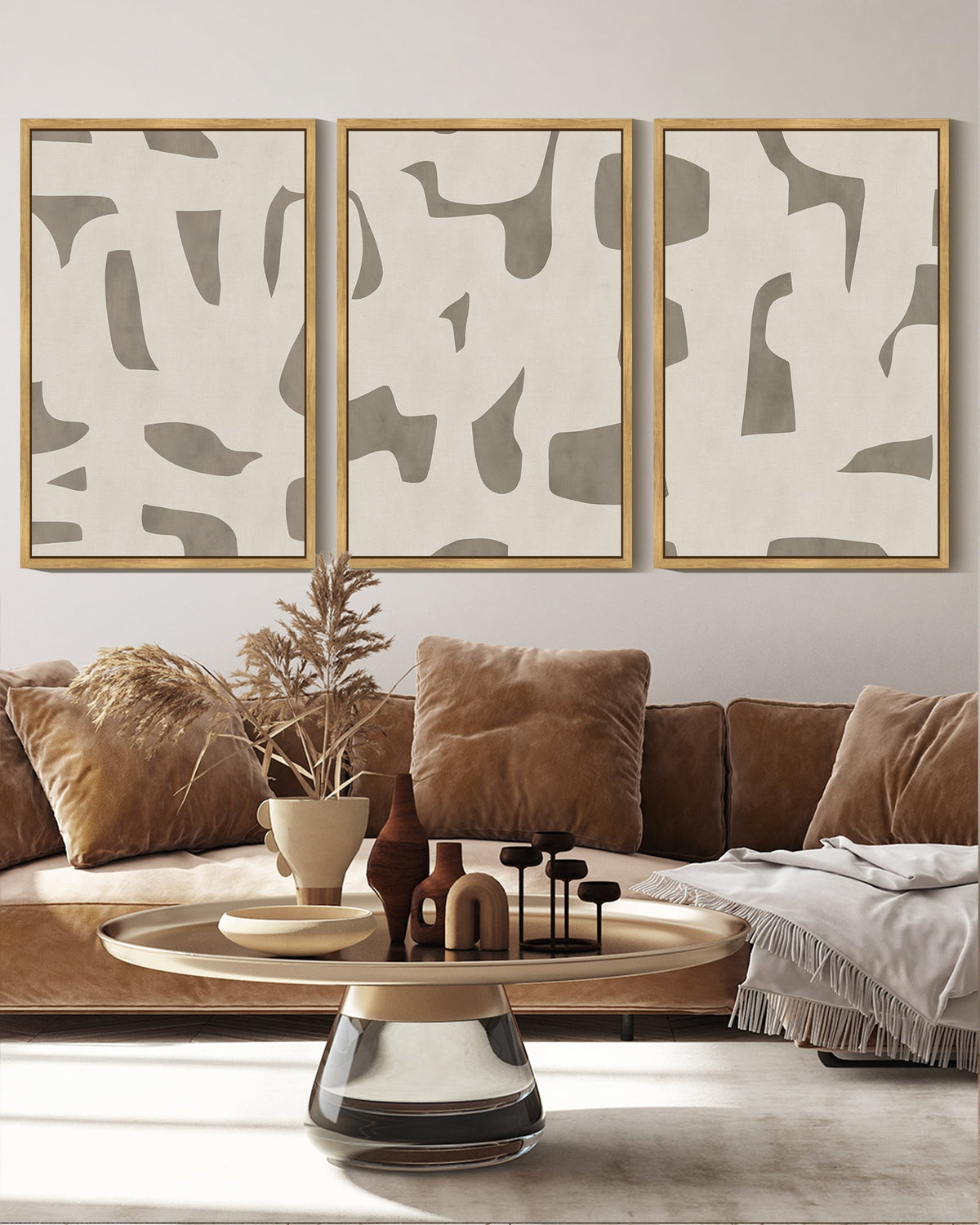 SHENIFY Boho Abstract Wall Art 16x24in3pcs Natural Framed Mid-Century Duotone Minimal Dark Brush Stroke Neutral Modern Minimalist Painting Decorative Artwork
