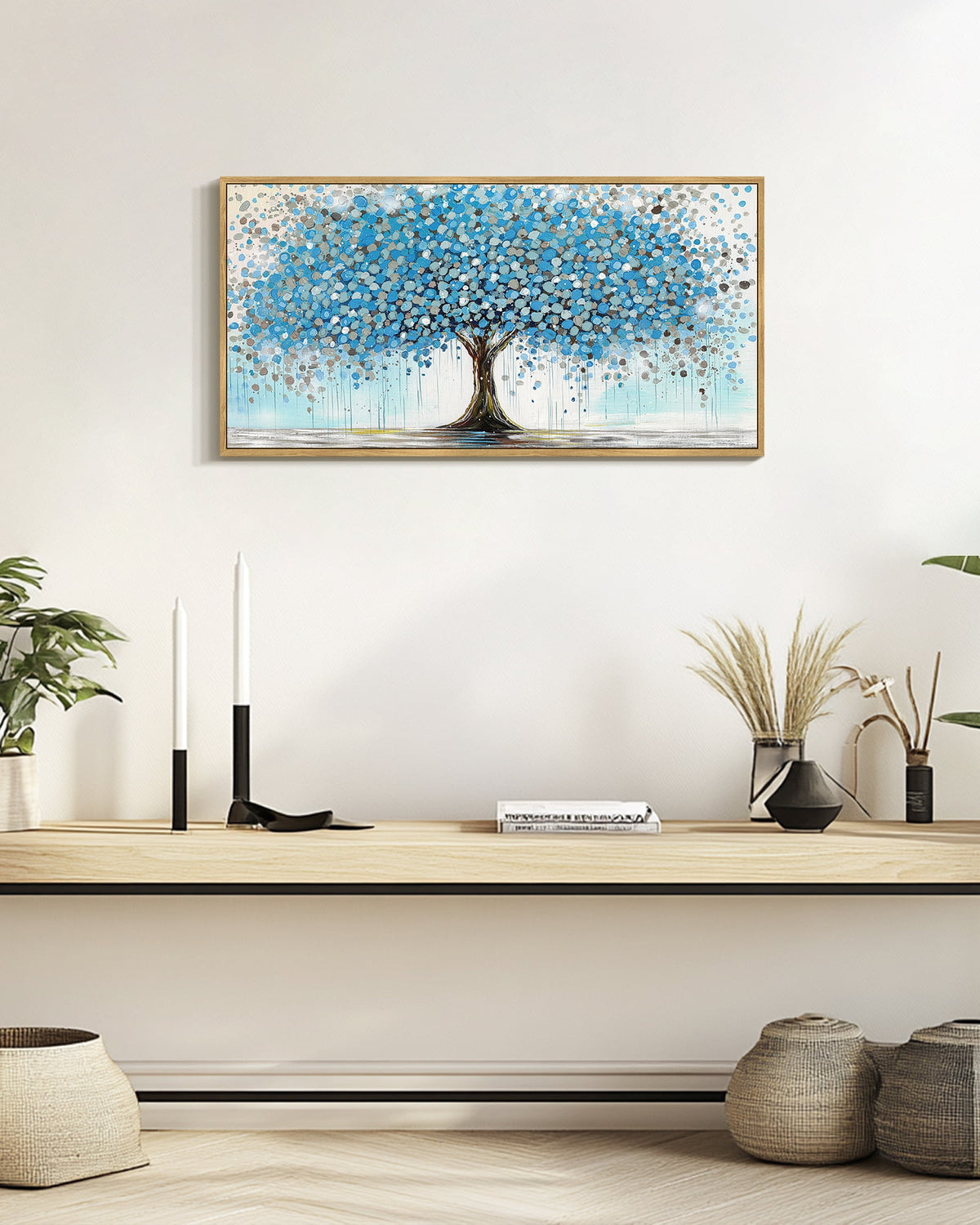SHENIFY Tree Wall Decor Blue Nature Tree of Life Abstract Wall Art 20x40in Natural Framed Modern Large Panoramic Landscape Artwork Living Room Bedroom Home Office Decor