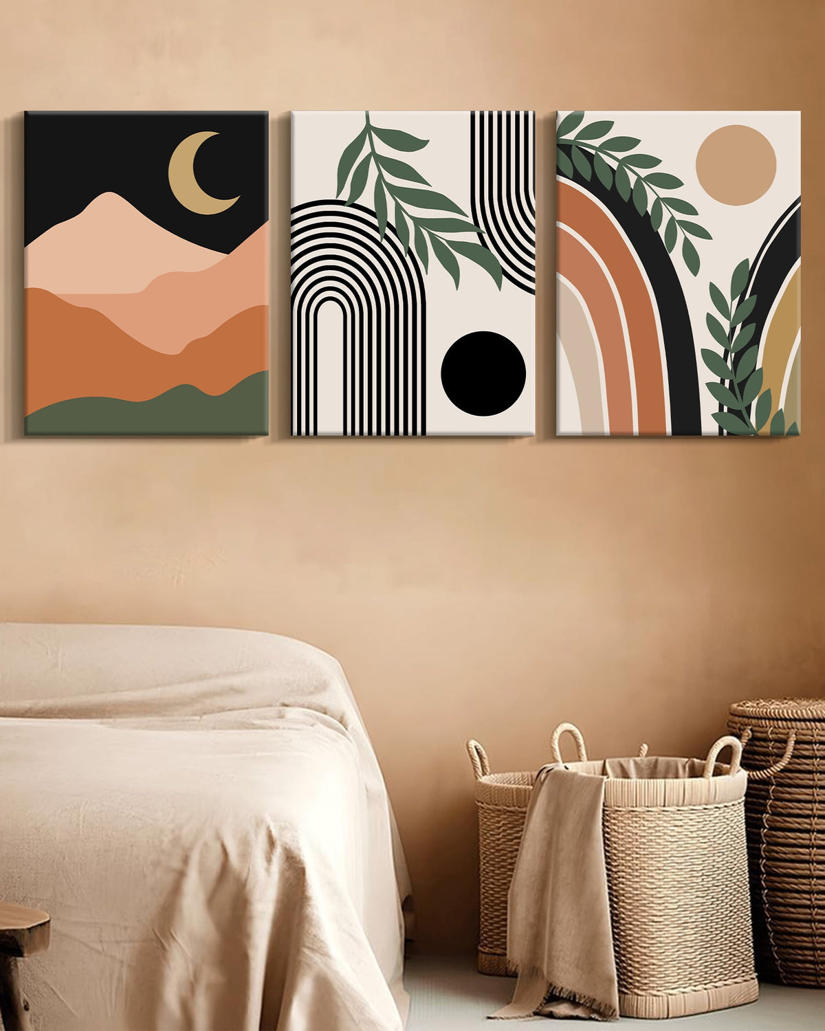 SHENIFY Abstract Boho Wall Art 12x16in3pcs Natural Framed Bohemian Wall Decor Prints Ready To Hang for Bedroom Office