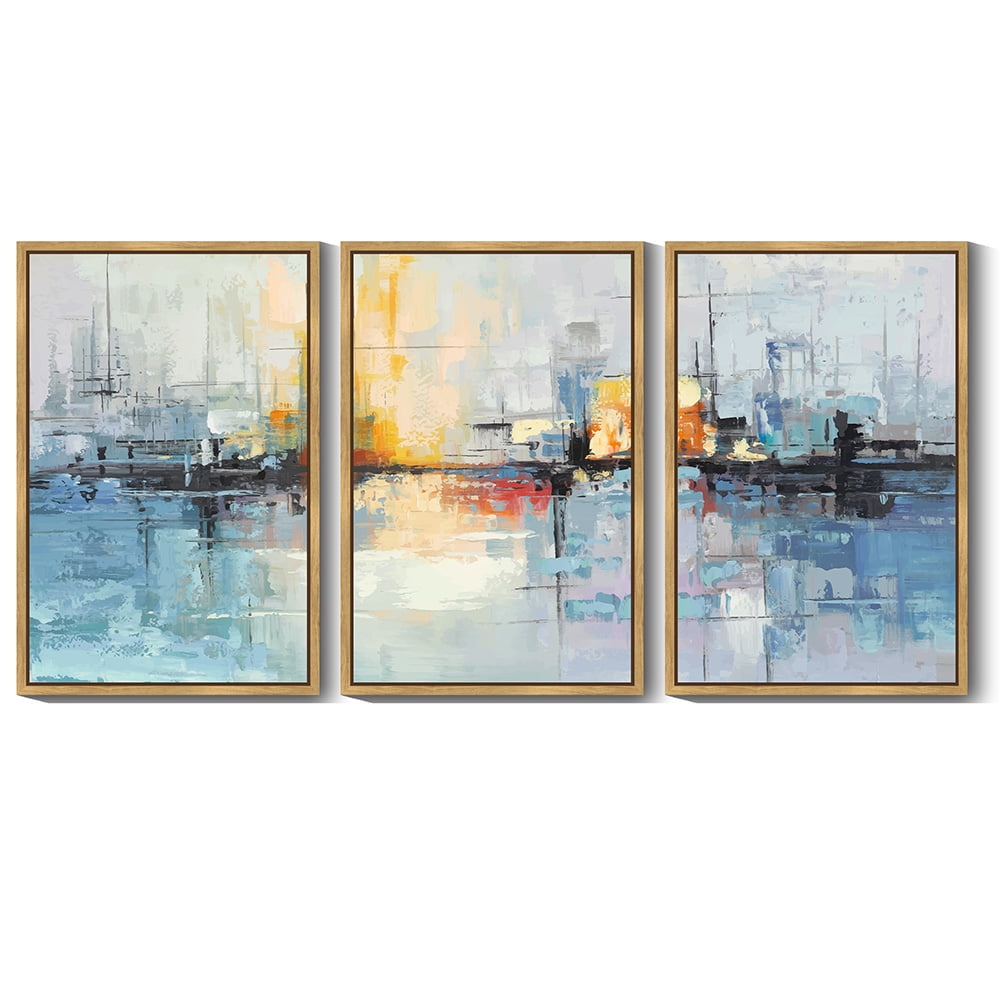 SHENIFY Large 24x36in3pcs Natural Framed Abstract Wall Art Blue Gray Yellow Modern Minimalist Painting Decor Graffiti Artwork