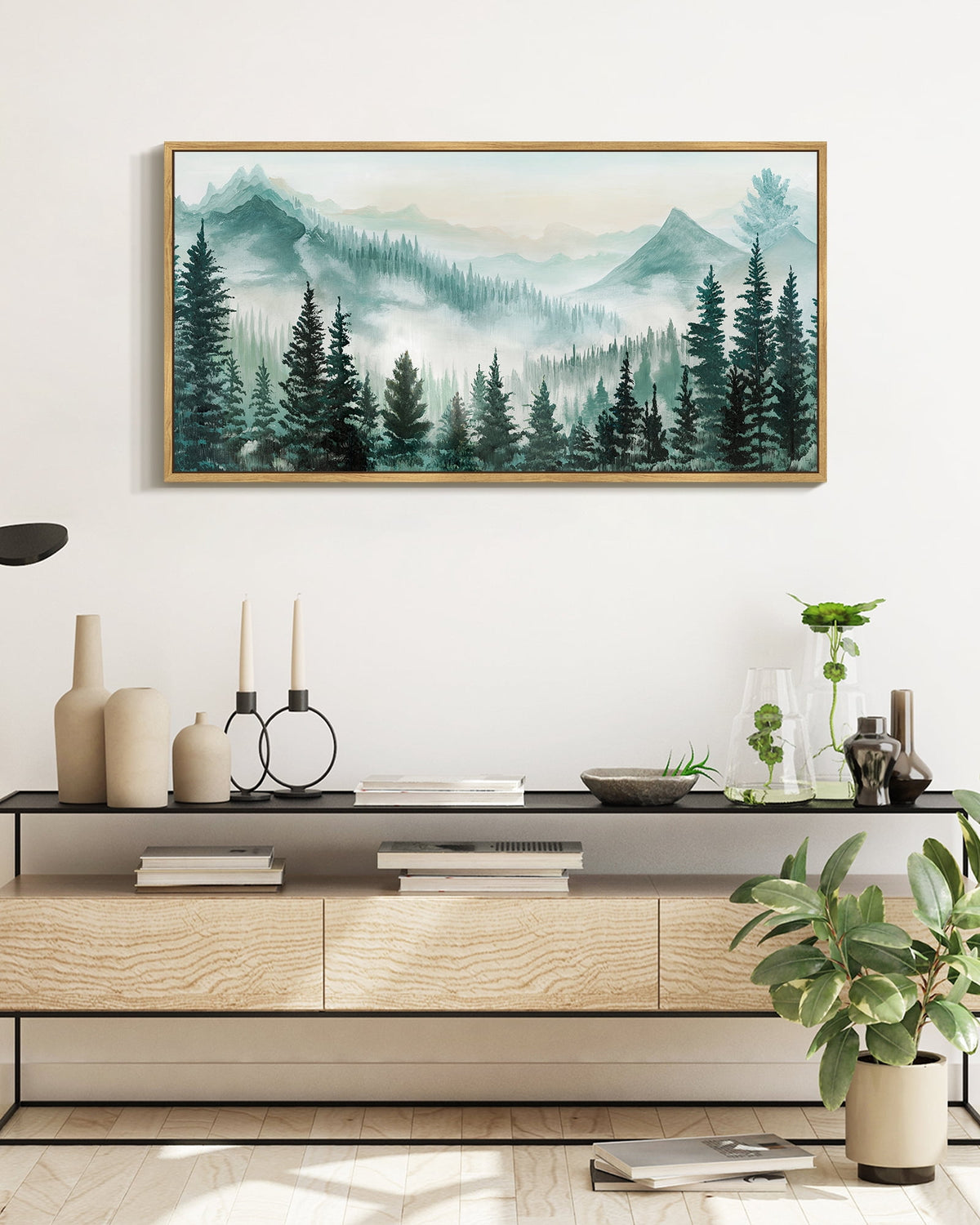 SHENIFY Fog Pine Green Tree Forest Canvas Wall Art 20x40in Natural Framed Nordic Nature Modern Artwork Prints Decor