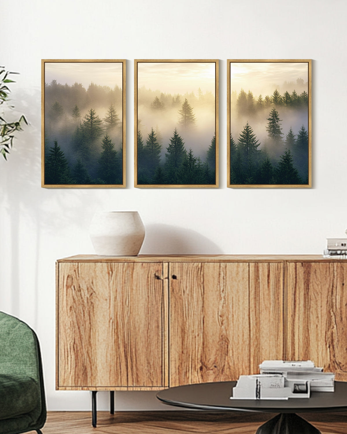 SHENIFY Misty Nordic Forests Wall Art 16x24in3pcs Natural Framed Nature Fog Pine Tree Morden Home Decor Artwork Prints Rustic farmhouse Bedroom