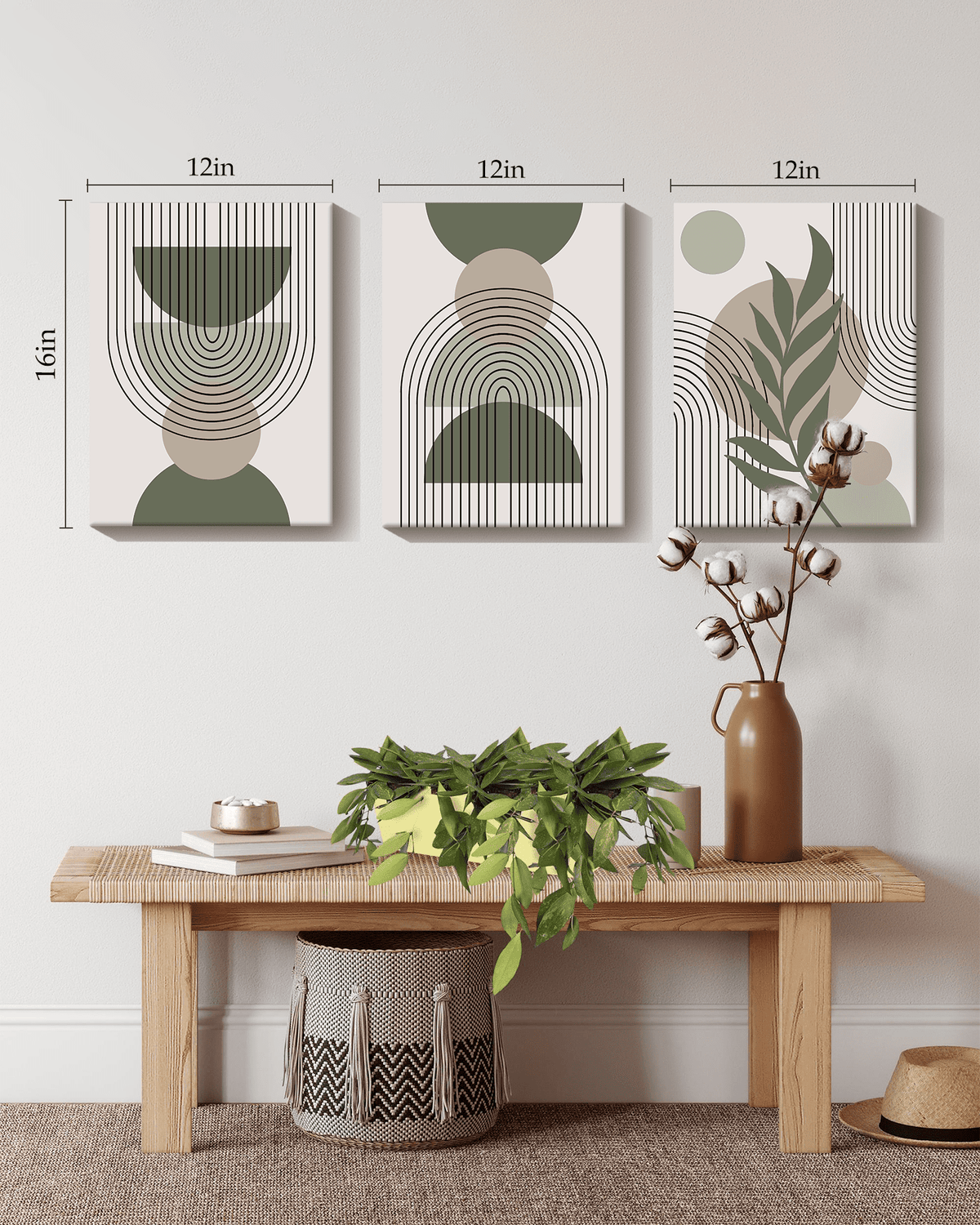 SHENIFY Mid Century Boho Wall Art - Abstract Geometry Canvas Prints (Set of 3, 12x16in) for Home Decor