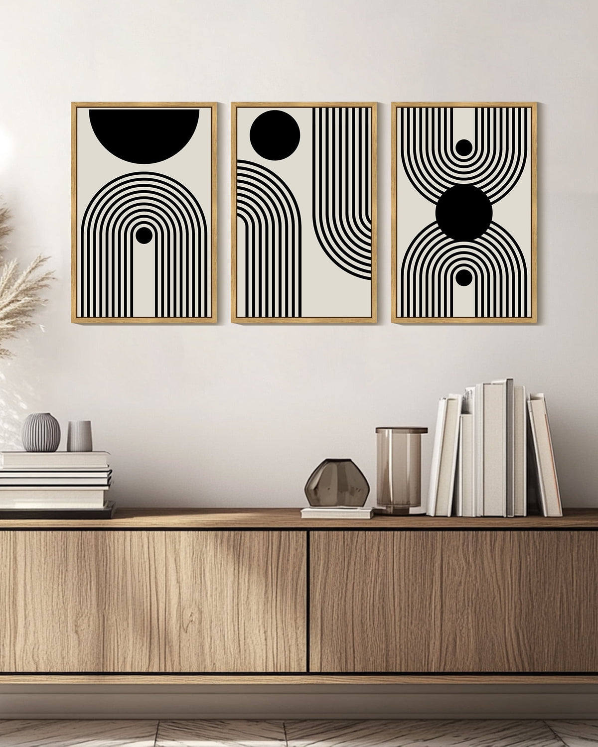 SHENIFY Black Abstract Boho Wall Art 16x24in3pcs Neutral Framed Wood Geometric Wall Decor Mid Century Modern Minimalist Bohemian Bedroom Decor Canvas Prints Ready To Hang for Living Room