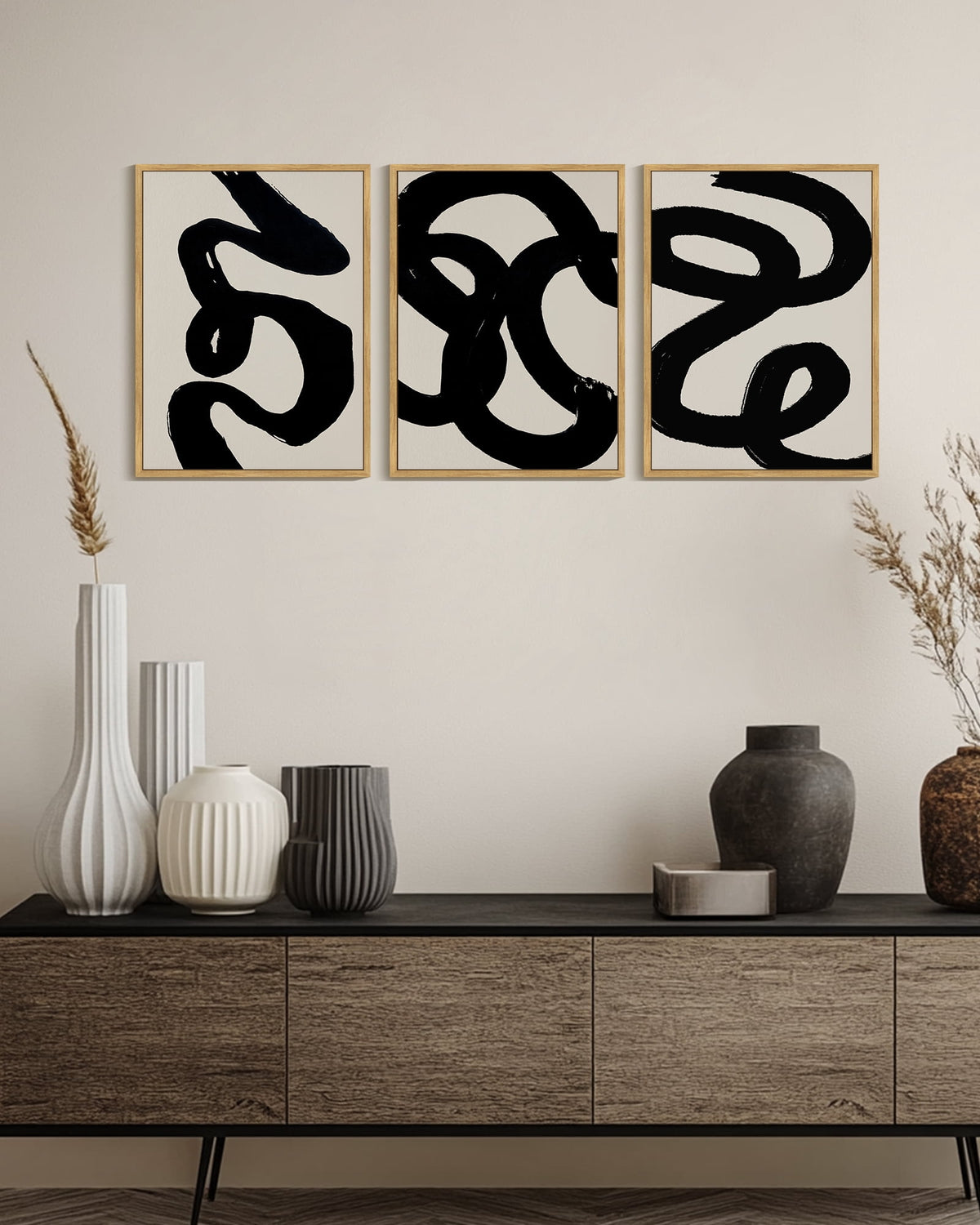 SHENIFY Black Abstract Boho Wall Art Framed Wood Geometric Wall Decor Minimalist Bohemian Bedroom Decor Canvas Prints for Living Room - 12x16in3pcs Neutral Framed