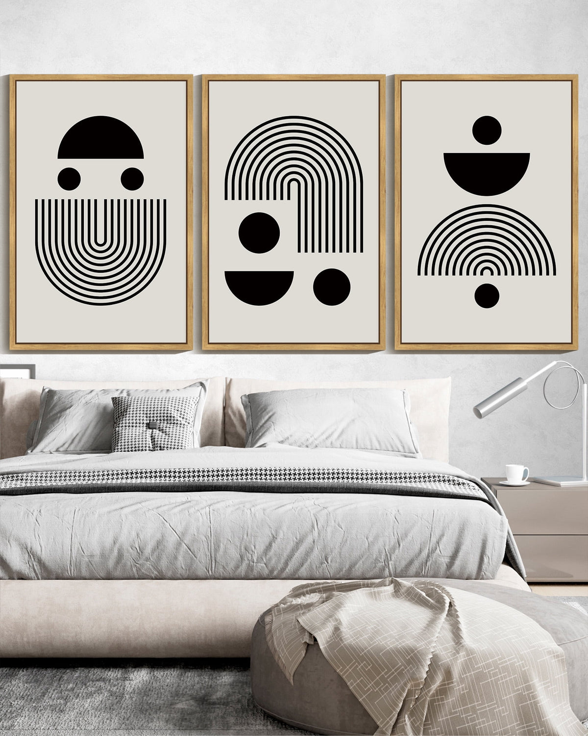 SHENIFY large 24x36in3pcs Natural Framed Black Abstract Wall Art Decor Solid & Spiral Semi-Circles Geometric Shapes Drawings Modern Art Decorative Ready To Hang