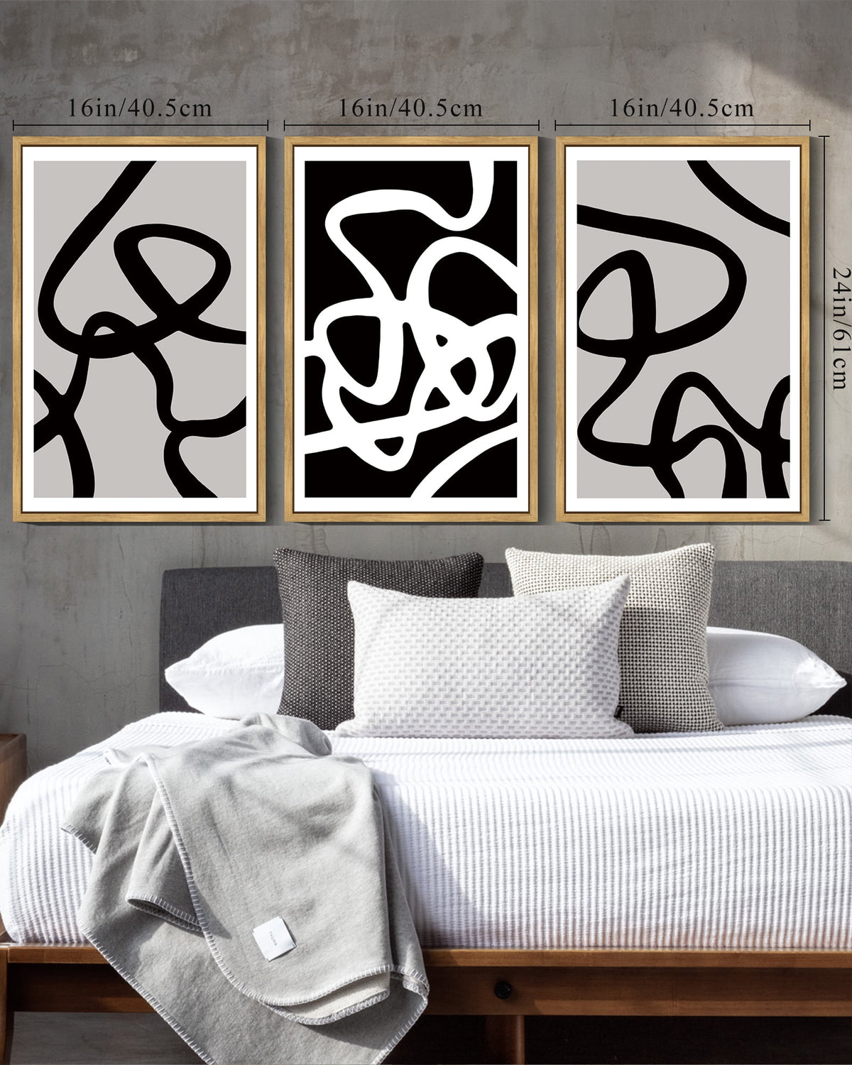 SHENIFY Black and White Lines Abstract Wall Art 16x24in3pcs Natural Framed Ink Wash Minimalist Canvas Painting Artwork