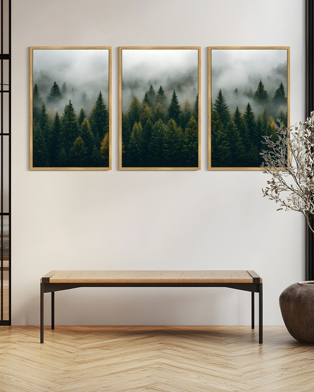 SHENIFY Large 24x36in3pcs Natural Framed Green Fog Pine Tree Landscape Wall Art Nature Nordic Misty Forests Morden Decor Artwork Prints Rustic Living Room Home Office