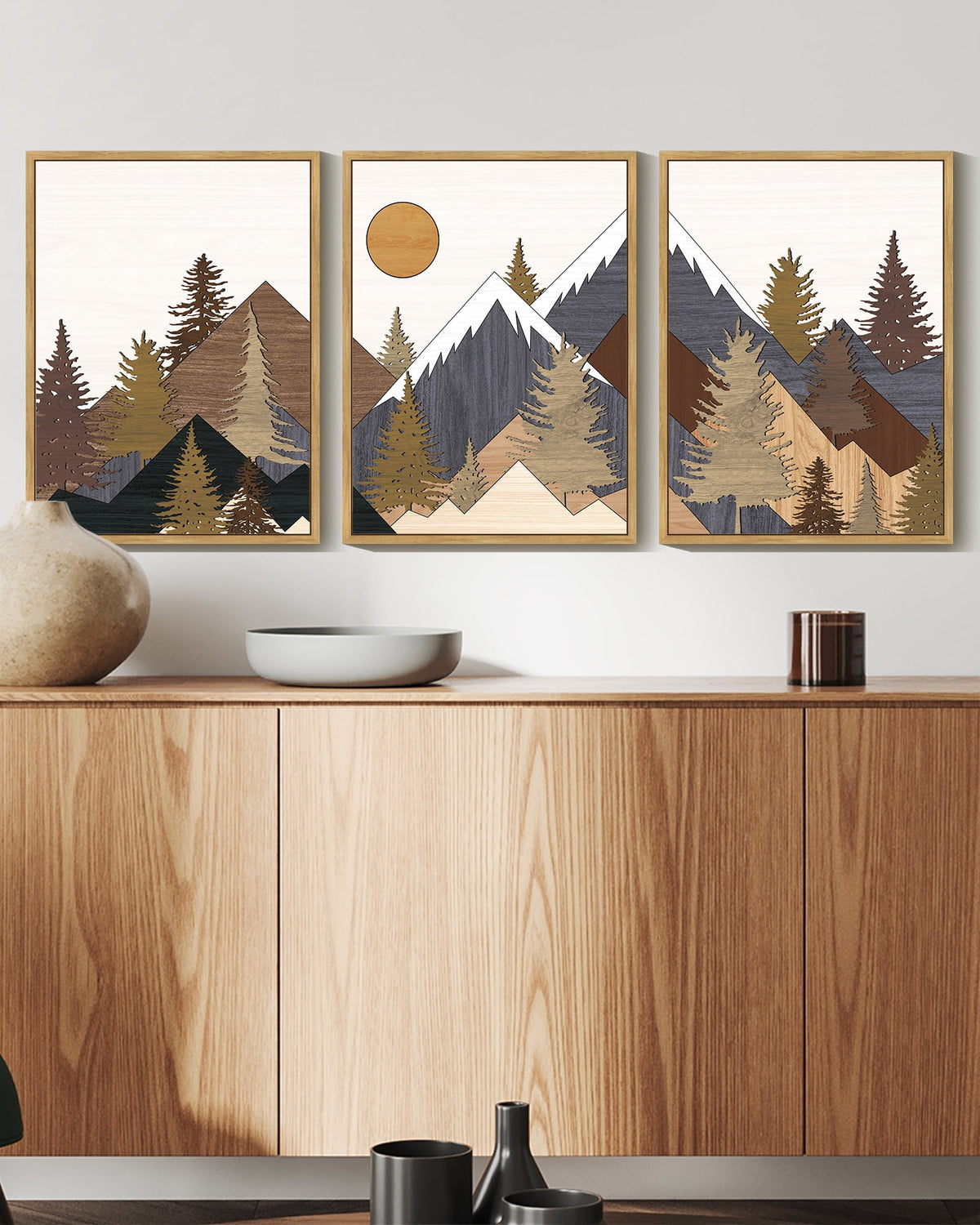 SHENIFY Landscape Mountain Wall Art Set White Winter Sunrise Pine Tree Forest Nature Scenry Wilderness Farmhouse Rustic Modern Art Decorative for Living Room Bedroom 11x14in3pcs Natural Framed