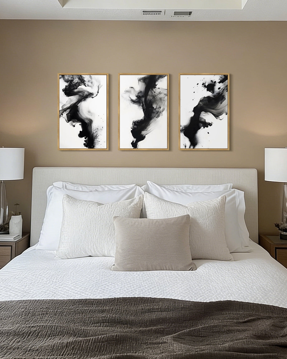 SHENIFY Black White Abstract Canvas Wall Art 16x24in3pcs Natural Framed Ink Wash Pastel Wall Decor Modern Rendering Illustration Art Painting for Bedroom Dining Room