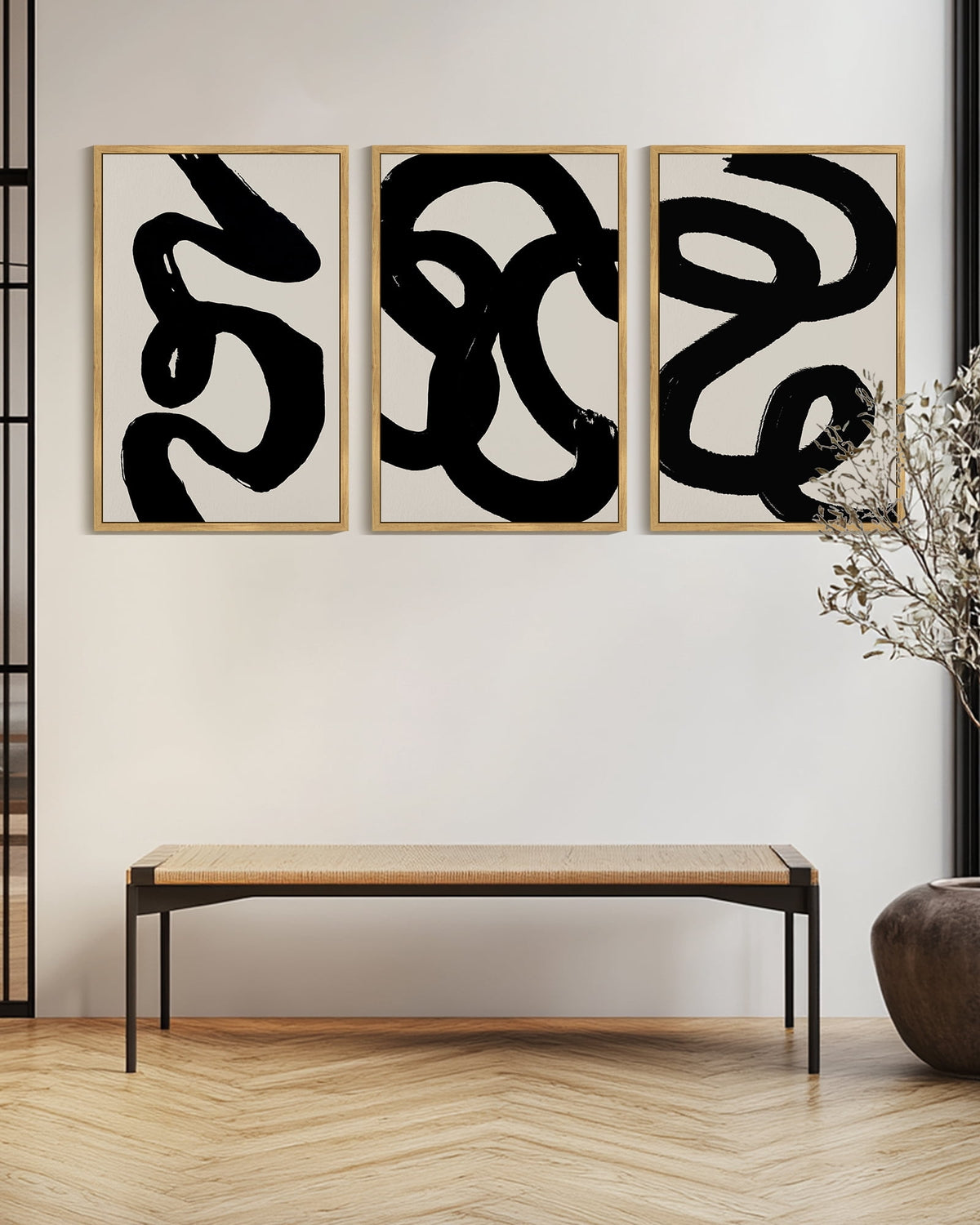 SHENIFY 24x36in3pcs Natural Framed Black Abstract Boho Wall Art Framed Wood Geometric Wall Decor Minimalist Bohemian Bedroom Decor Canvas Prints for Living Room