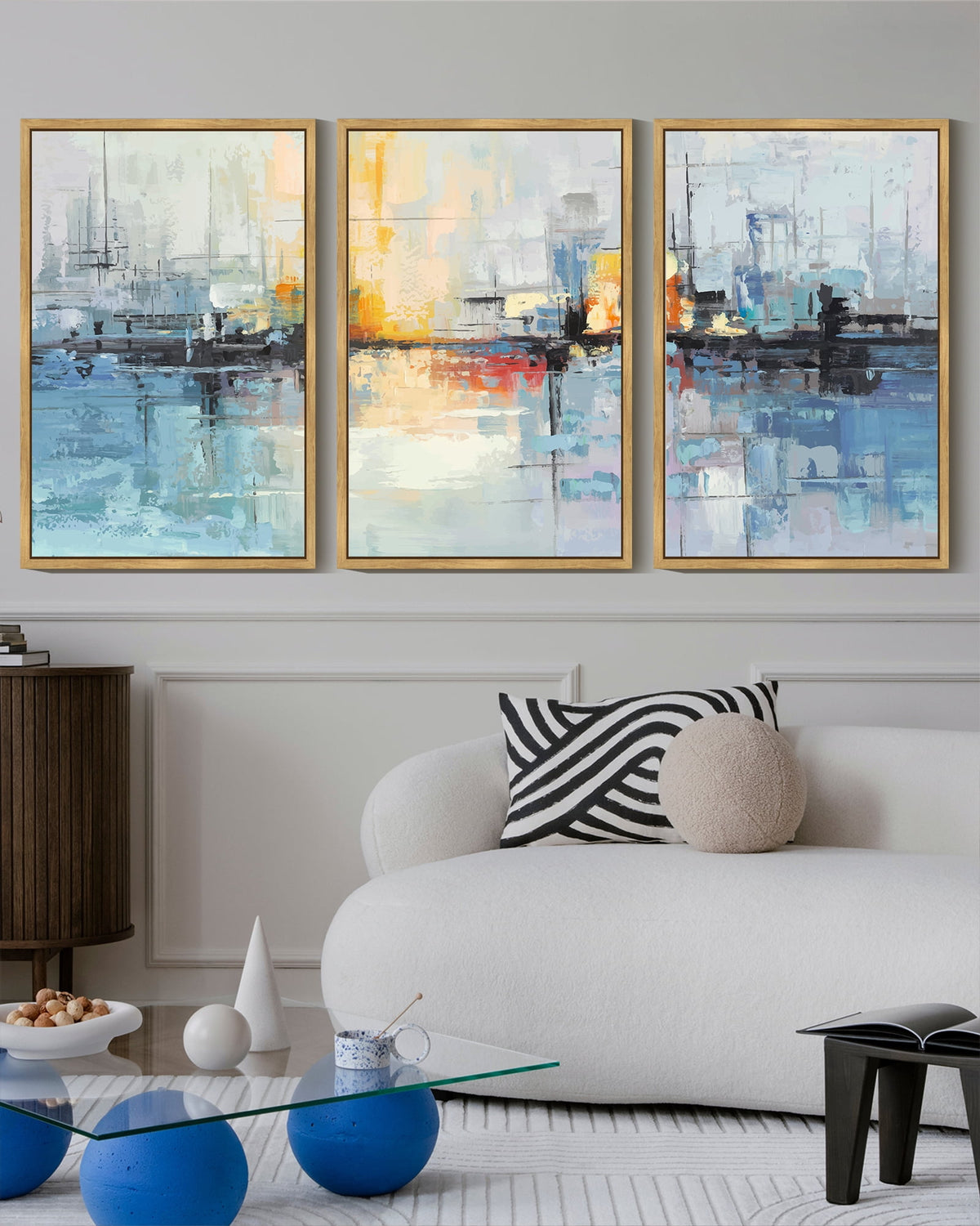 SHENIFY Abstract Wall Art 16x24in3pcs Natural Framed Blue Gray Yellow Modern Minimalist Painting Decor Graffiti Artwork