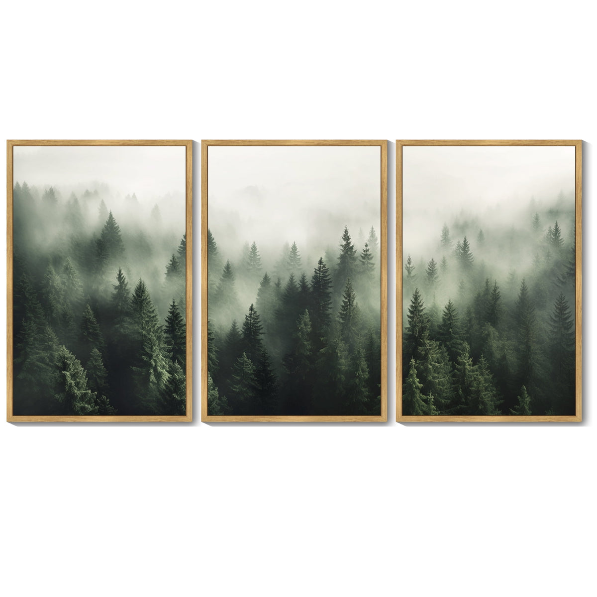 SHENIFY Green Fog Pine Tree Forest Canvas Wall Art Modern Artwork Prints Decor - 16x24in3pcs Brown Framed