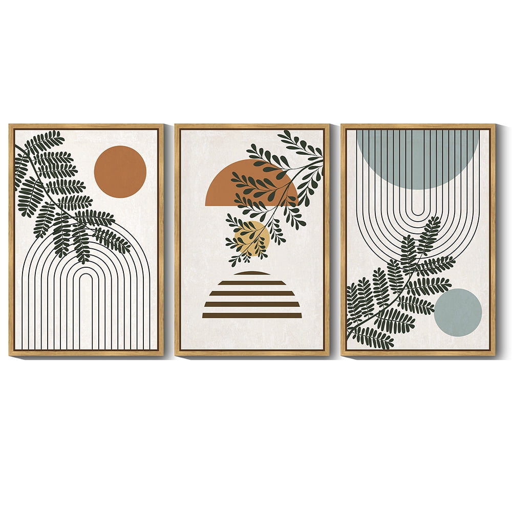SHENIFY large 24x36in3pcs Natural Framed Botanical Boho Wall Art Modern Plant Leaf Bohemian Wall Decor Abstract Geometry Lines Prints Ready to Hang