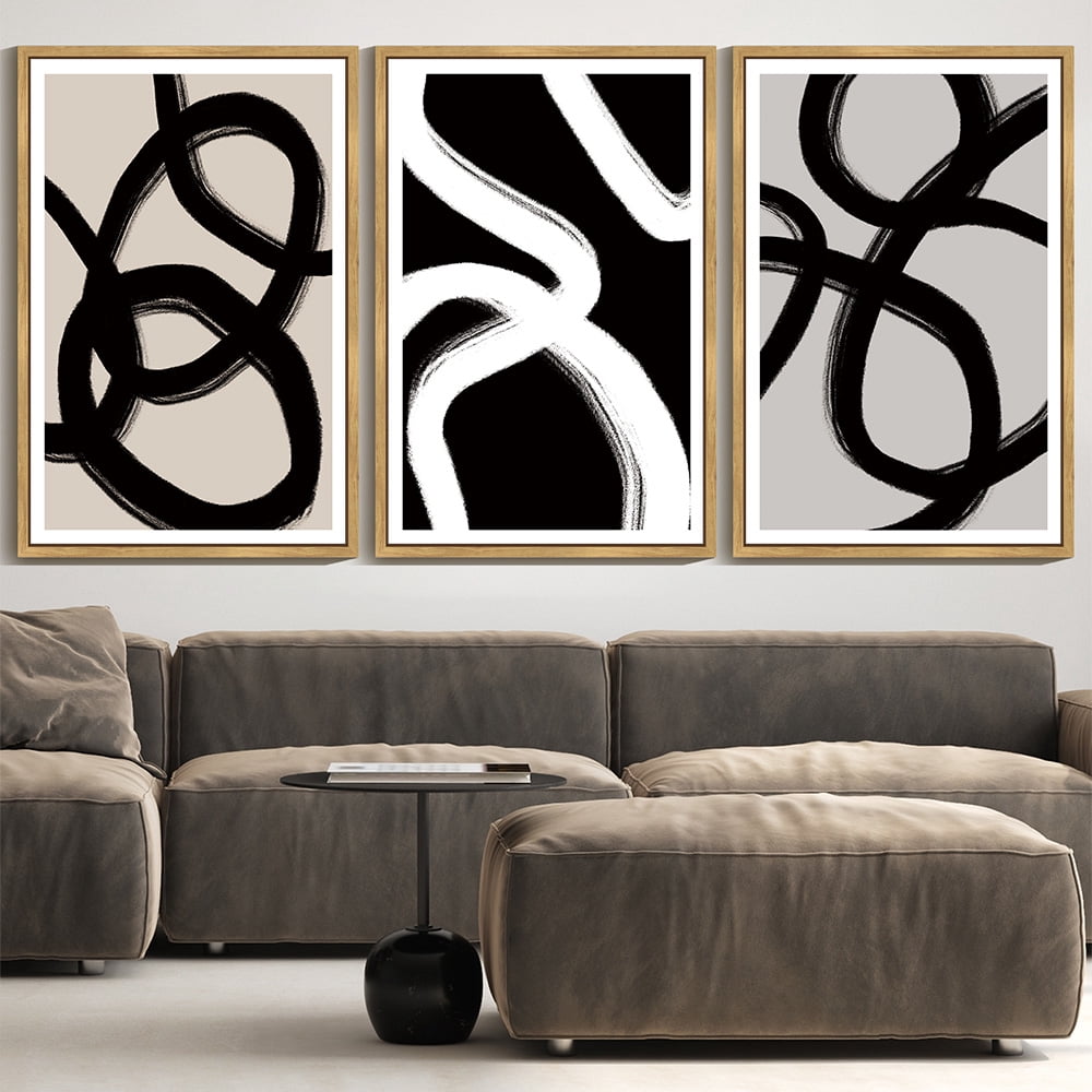 SHENIFY large 24x36in3pcs Natural Framed Black Abstract Wall Art Decor Duotone Minimal Dark Brush Stroke Prints Shapes Illustrations Modern Art Decorative Ready To Hang