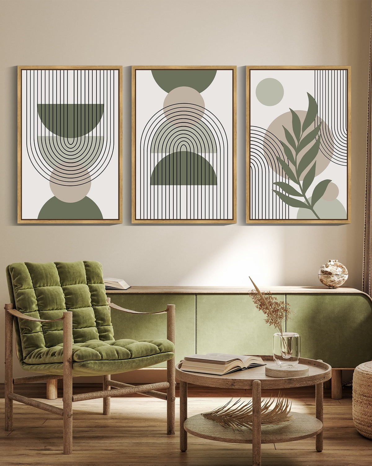 SHENIFY Large Boho Wall Art Green Sage Decor Framed Wood Modern Bohemian Abstract Geometry Canvas Prints - 24x36in3pcs Natural Framrd