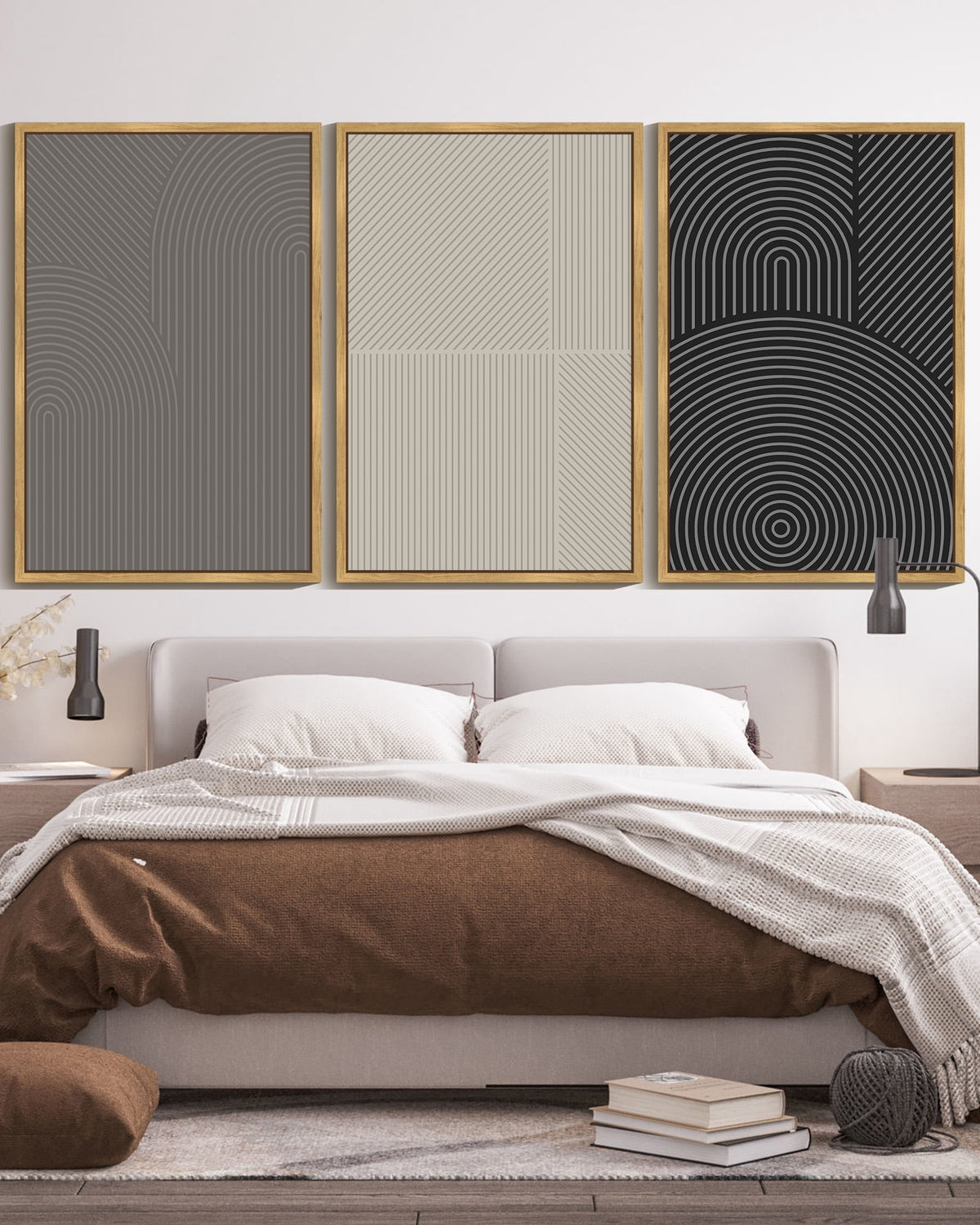 SHENIFY large 24x36in3pcs Natural Framed Mid-Century Modern Wall Art Minimalist Abstract Boho Neutral Line Wall Decor Geometric Artwork Kitchen Hallway