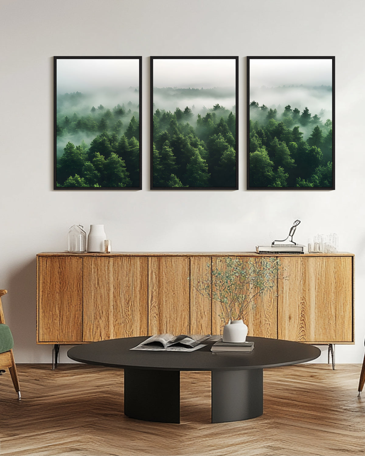 SHENIFY Large 24x36in3pcs Black Framed Green Fog Pine Tree Wall Art Nature Misty Nordic Forests Morden Decor Artwork Prints Rustic Living Room Home Office