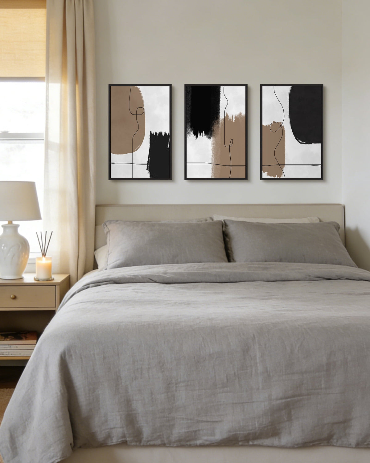 SHENIFY Neutral Abstract Wall Art 16x24in3pcs Black Framed Beige Mid Century Textured Wall Decor Minimalist Line Modern Illustrations Art Print Home