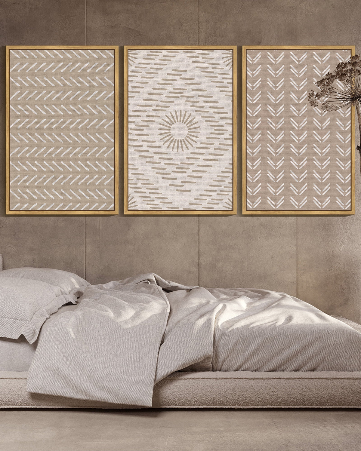 SHENIFY large 24x36in3pcs Natural Framed Boho Geometric Wall Art Mid-Century White Dot Collage Abstract Shape Illustration Neutral Modern Minimalist Painting Decorative Artwork