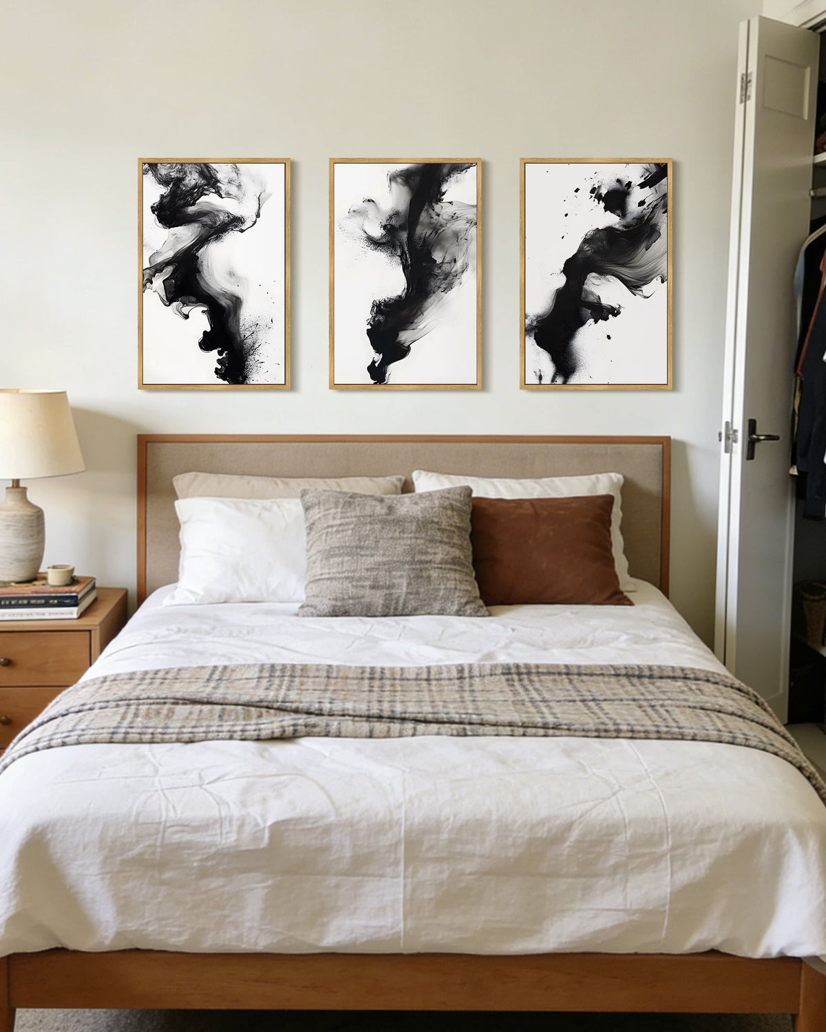 SHENIFY Large 24x36in3pcs Natural Framed Black White Abstract Canvas Wall Art Ink Wash Pastel Wall Decor Modern Rendering Illustration Art Painting for Bedroom Dining Room
