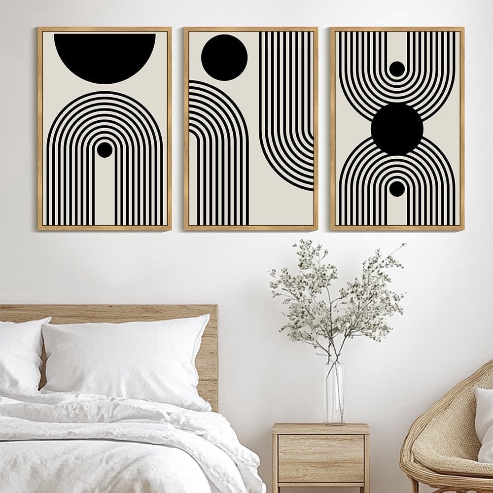 SHENIFY 24x36in3pcs Natural Framed Black Abstract Boho Wall Art Decor Bohemian Canvas Prints Ready To Hang