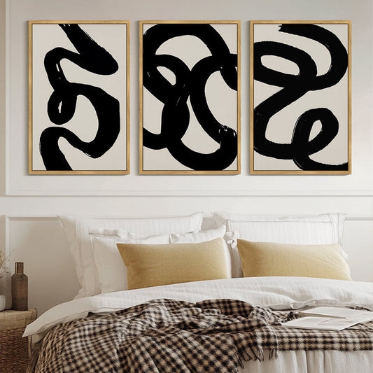 SHENIFY 24x36in3pcs Natural Framed Black Abstract Boho Wall Art Framed Wood Geometric Wall Decor Minimalist Bohemian Bedroom Decor Canvas Prints for Living Room