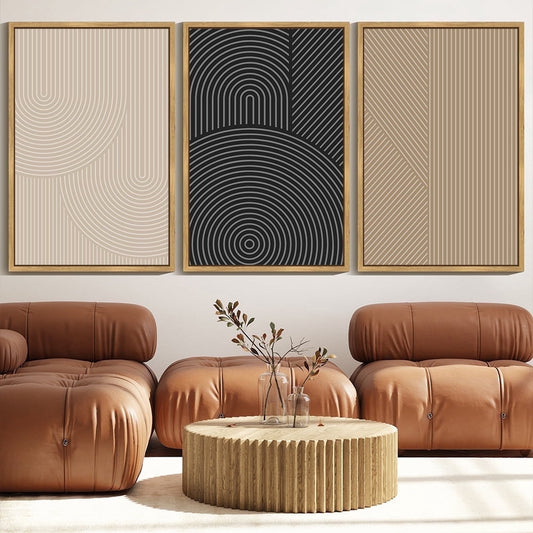 SHENIFY 24x36in3pcs Natural Framed Modern Minimalist Wall Art Abstract Line Wall Decor Geometric Artwork Bedroom Living Room