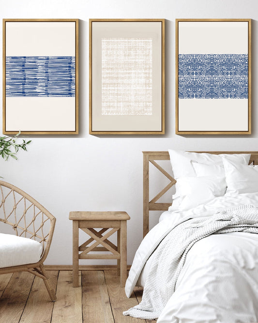 SHENIFY Abstract Boho Art Framed Wood Blue White Grunge Geometric Wall Decor Minimalist Bohemian Bedroom Decor Canvas Prints for Living Room 16x24in3pcs FRAMED