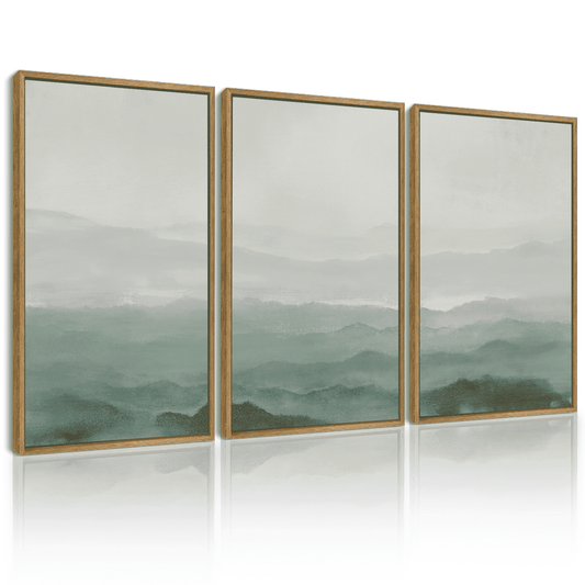 SHENIFY Abstract Landscape Wall Art 16x24in3pcs Natural Framed Minimalist Tan Green Mountain Neutral Toned Misty Nature Wilderness Illustrations Modern Art Decorative