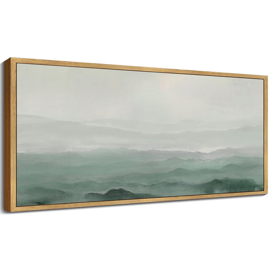 SHENIFY Abstract Landscape Wall Art 20x40in Natural Framed Minimalist Tan Green Mountain Neutral Toned Misty Nature Wilderness Illustrations Modern Art Decorative