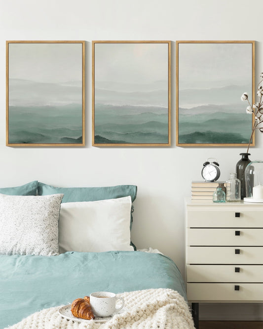SHENIFY Abstract Landscape Wall Art Minimalist Tan Green Mountain Neutral Toned Misty Nature Wilderness Illustrations Modern Art Decorative 11x14in3pcs Natural Framed