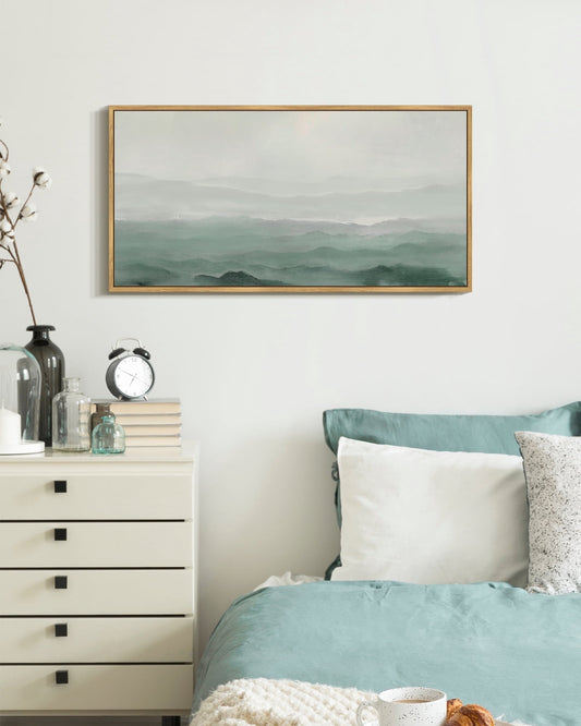 SHENIFY Abstract Landscape Wall Art Minimalist Tan Green Mountain Neutral Toned Misty Nature Wilderness Illustrations Modern Art Decorative 8x16in Natural Framed
