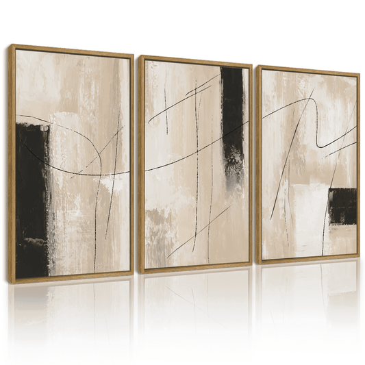 SHENIFY Abstract Wall Art 16x24in3pcs Natural Framed Black Lines Shapes Abstract Illustrations Modern Minimalist Painting Decorative Artwork for Living Room Bedroom