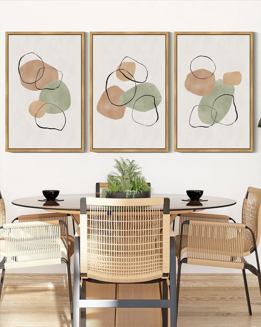 SHENIFY Abstract Wall Art 16x24in3pcs Natural Framed Decor Colorful Geometric Ring Grid Lines Shapes Drawings Modern Art Decorative Ready To Hang