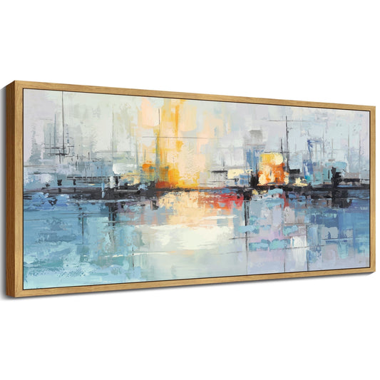 SHENIFY Abstract Wall Art 20x40in Natural Framed Blue Gray Yellow Modern Minimalist Painting Decor Graffiti Artwork