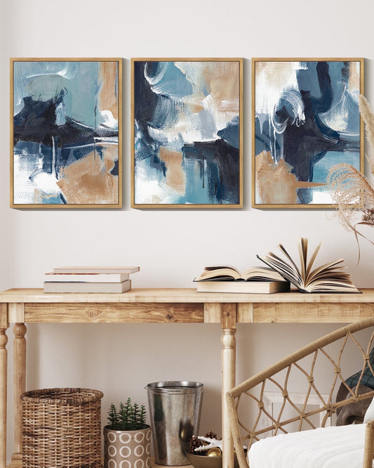 SHENIFY Abstract Wall Art Blue Gray White Modern Minimalist Painting Decor Graffiti Artwork 11x14in3pcs Natural Framed